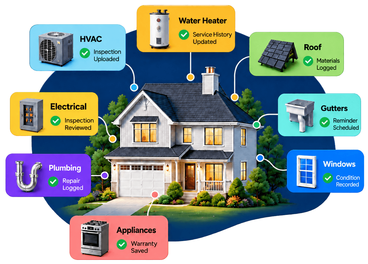 A house with its HVAC, water heater, roof, electrical, gutters, plumbing, windows and appliances each tracked
